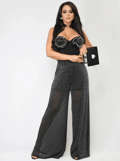 Calça Feminina Pantalona Tule Com Brilho Cintura Alta