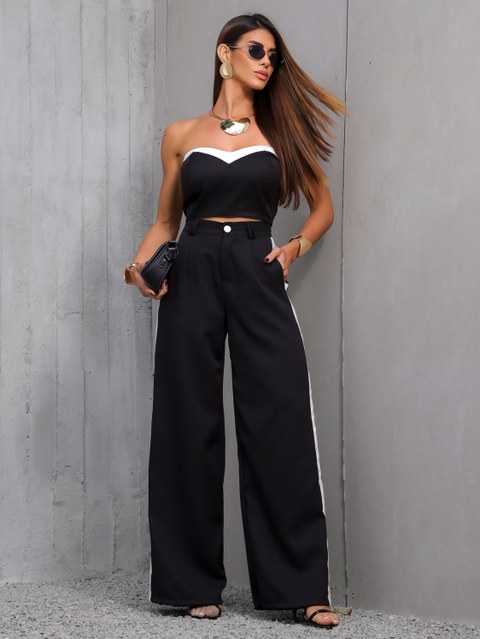 Conjunto Alfaiataria Calça Pantalona e Top Bicolor