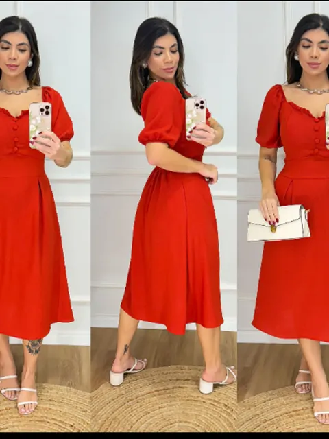 Vestido Midi c/manga bojo e quatro botões,tecido Duna .