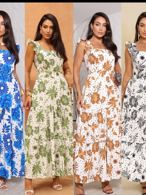 Vestido longo alça de babado floral