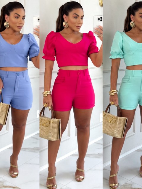 Conjunto - cropped manga princesa + short cintura alta