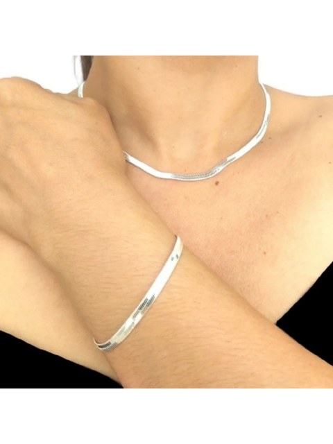 Conjunto Colar Laminado e Pulseira Aço inoxidável  unissex