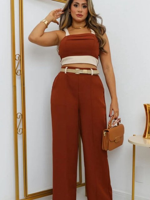 Conjunto Calça e Cropped com Bojo Forrado Acompanha Cinto