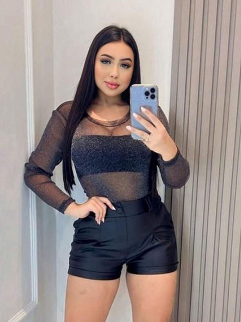 Body Tule Top Brilhante Manga Longa Malha Transparente Sexy