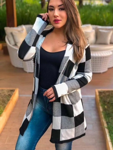 Cardigã Xadrez Kimono Tricô Outono Inverno