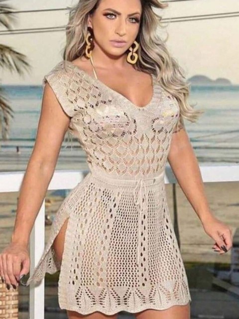 Saída Praia Rendado com Fenda Lateral Tricot