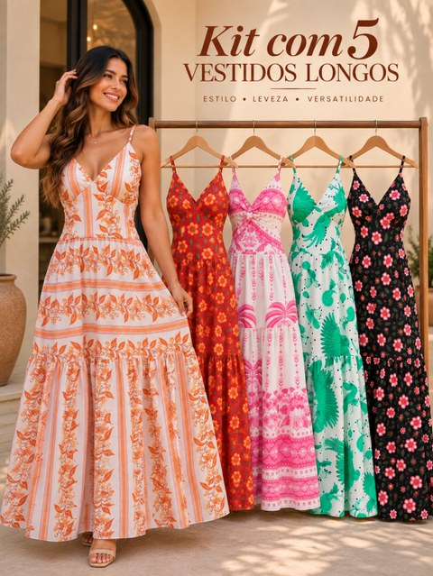 Kit 5 Peças Vestidos Longos Alcinha com Bojo Verão Elegante