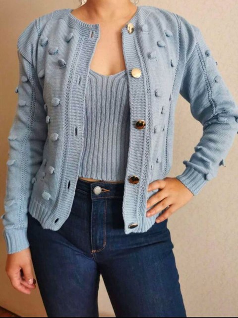 Casaquinho Tricô Pompom Com Botões Dourados