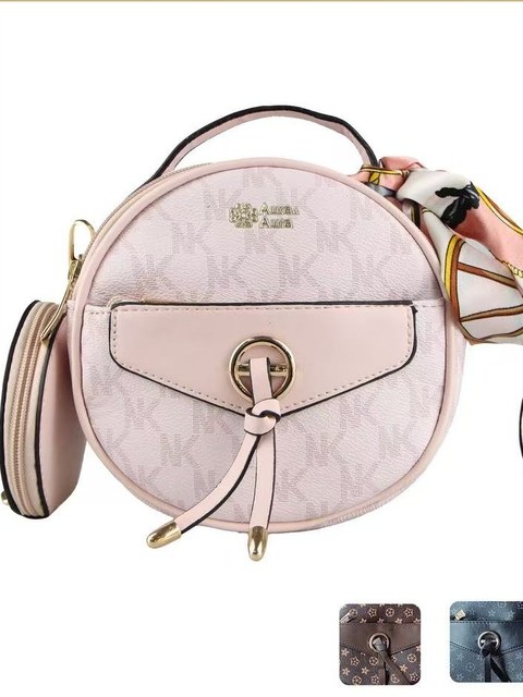 Bolsa feminina redonda com carteira e lenço.8369