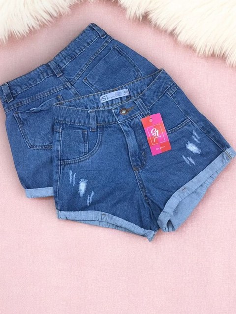 Short jeans feminina escura Barra dobrado