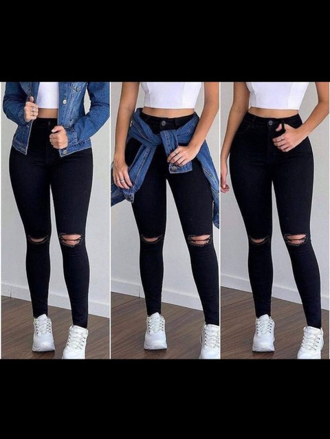 Calca jeans feminina preta rasgada no joelho
