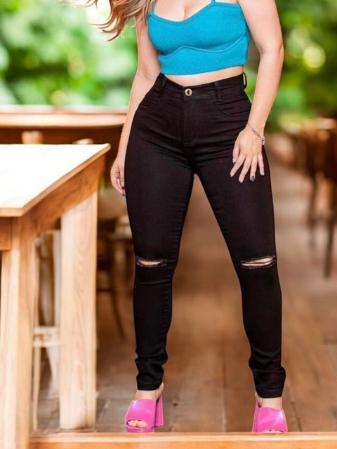 Calca feminina jeans preta lisa