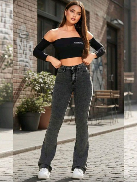 Calça flare grafite com elastano