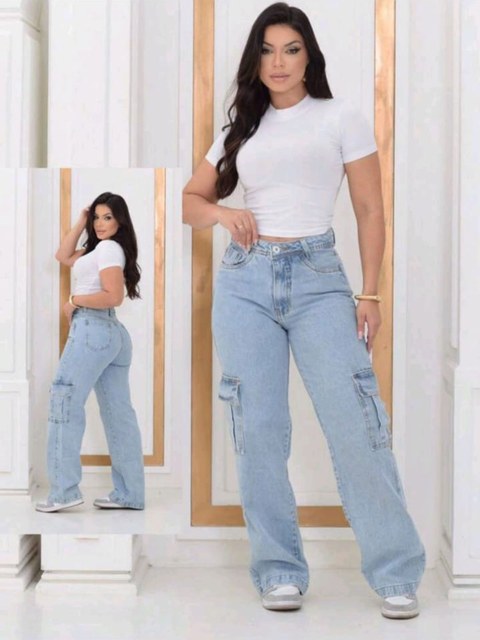 Calça cargo jeans sem elastano