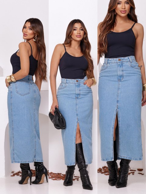Saia midi jeans sem elastano
