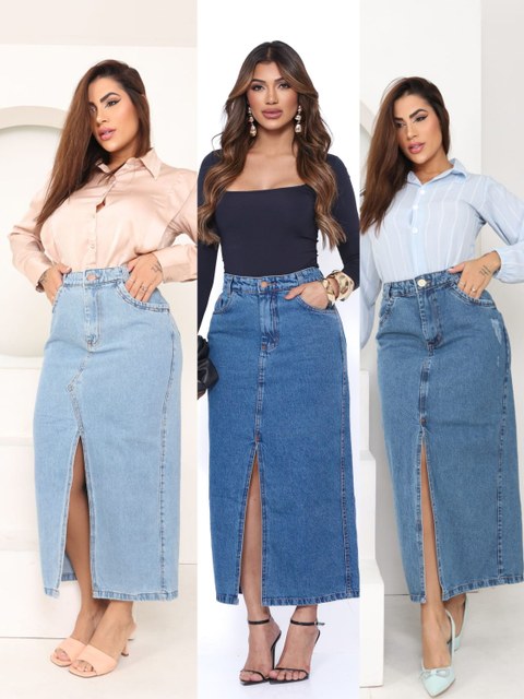 Saia jeans Midi sem elastano tamanhos 38 ao 48