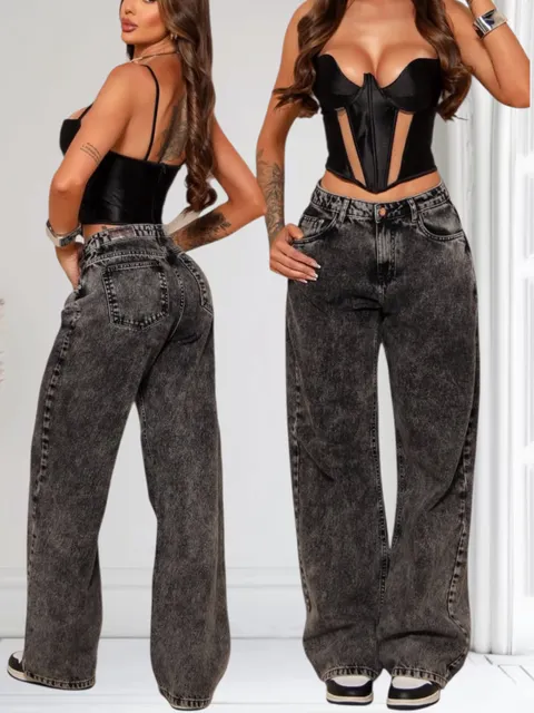 Calça wide leg jeans sem elastano bolso na frente