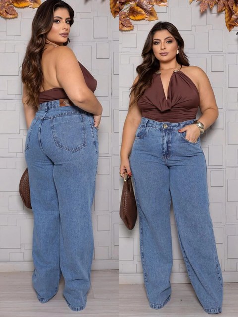 Calça jeans wide plus size premium sem Lycra