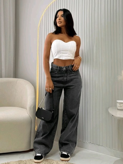 Calça wide leg grafite jeans sem elastano bolso na frente