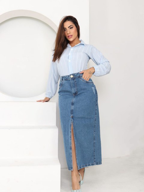 Saia midi jeans sem tamanho 38 ao 48