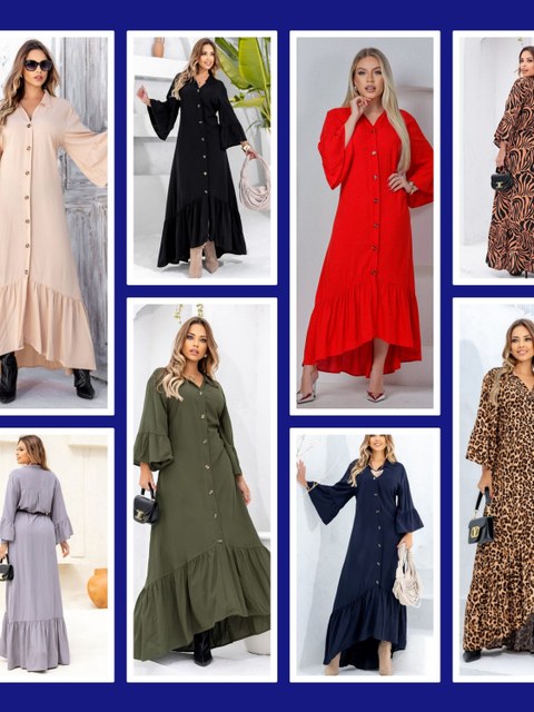 Vestido longo com manga flare botões frontal