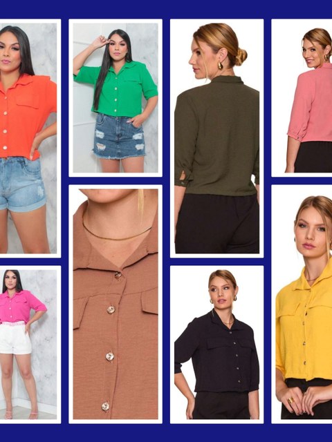 Camisa cropped botões frontal manga três quartos