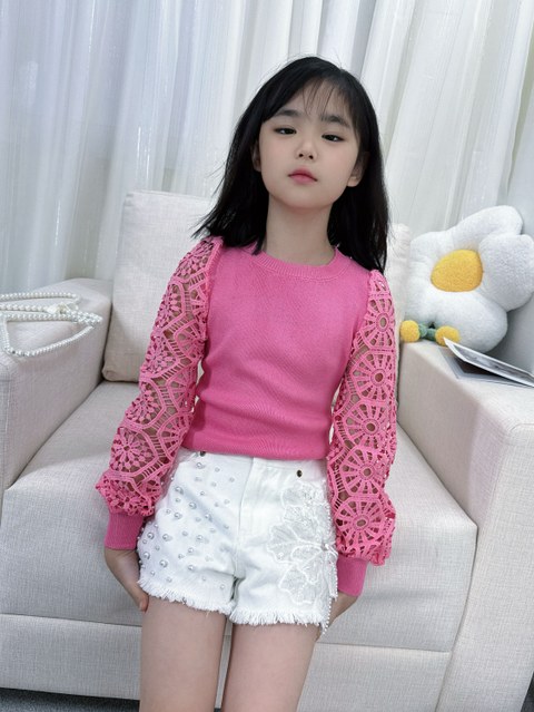 Fancy kids blusa modal tricô manga renda