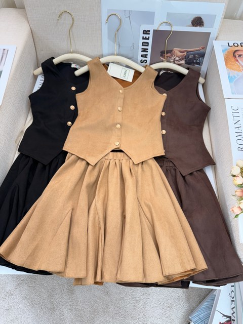 Fancy kids modelo inverno conjunto suede colete com saia
