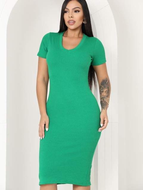 Vestido Midi Manga Curta Decote V Anarruga