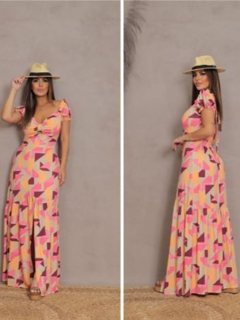 vestido longo estampado   c/ fenda