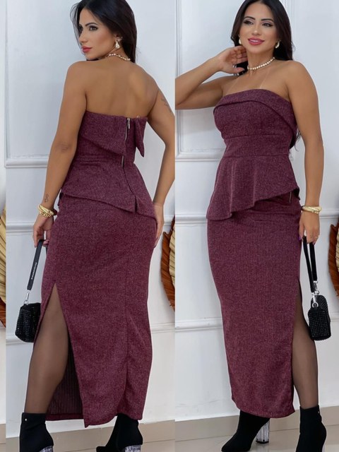 conjunto de saia midi com fenda +top com zip e bojo