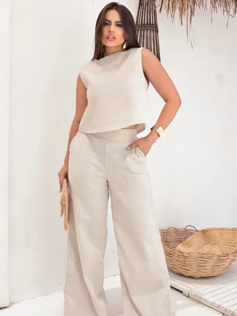 Conjunto Alfaiataria Linho Cropped e Calça Pantalona