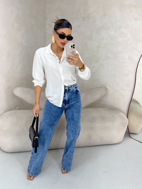 Calça wide Leg jeans com elastano