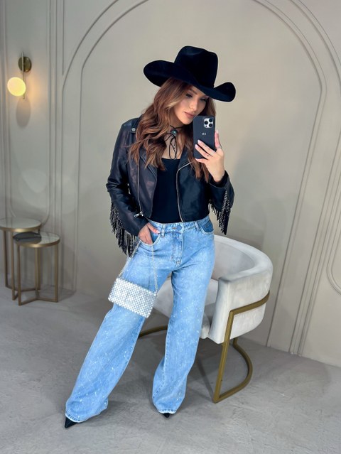 Calça jeans wide Leg brilho