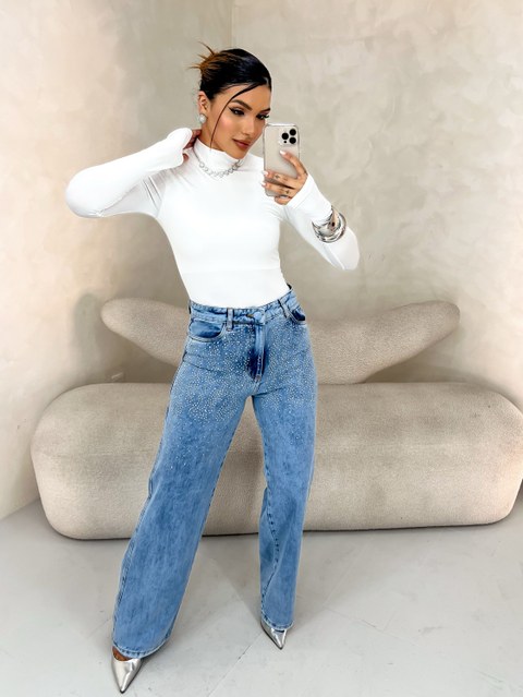 Calça wide Leg feminina com aplicação cintura alta