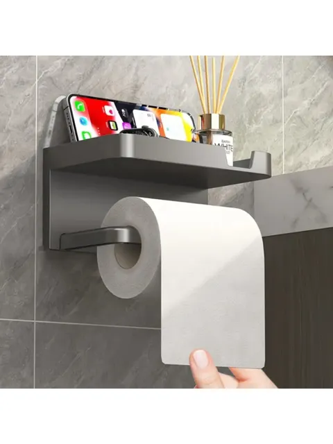 Suporte Preto Porta Papel Higienico e Suporte para Celular