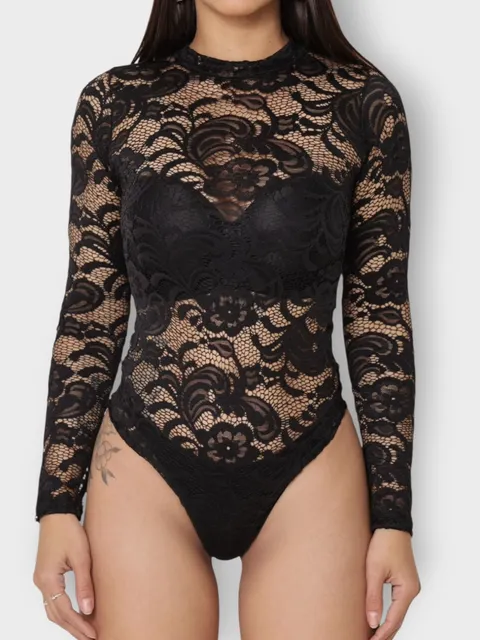 Body Renda Preto Manga Longa Feminino Sensual