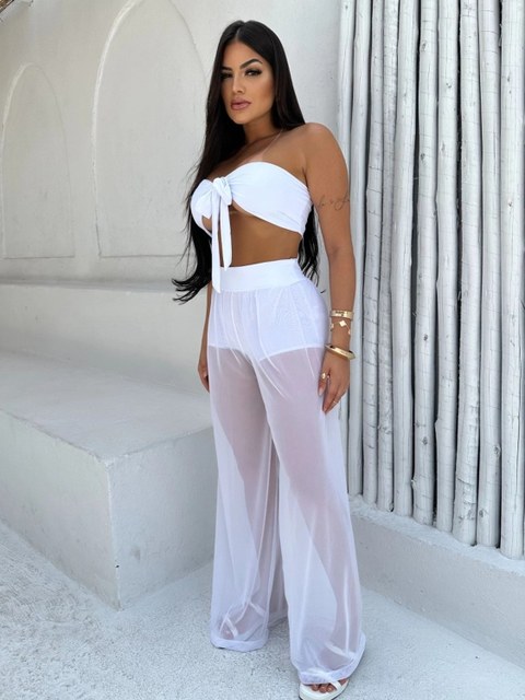 Conjunto Cropped Multiformas Com Bojo Calça Tule Pantalona