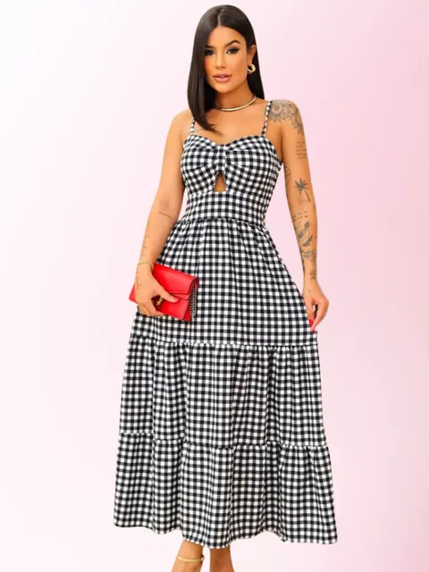 Vestido Xadrez Quadriculado Midi Feminino com Bojo Elastex