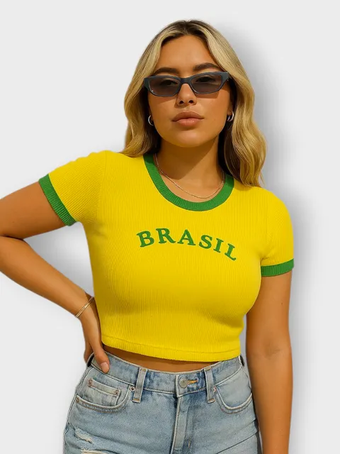 Cropped Brasil Canelado Bordado Copa Do Mundo Futebol