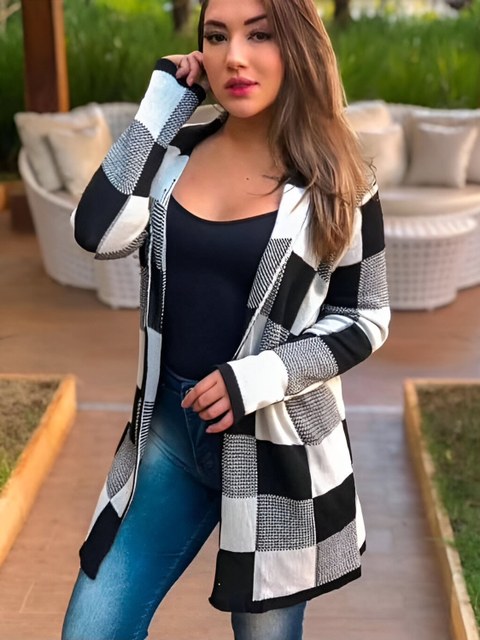 Cardigan Xadrez Kimono Tricô