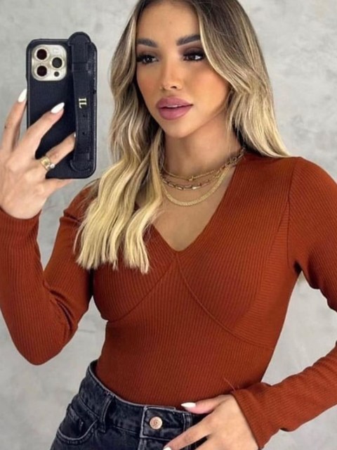 Body Canelado Manga Longa Gola em V