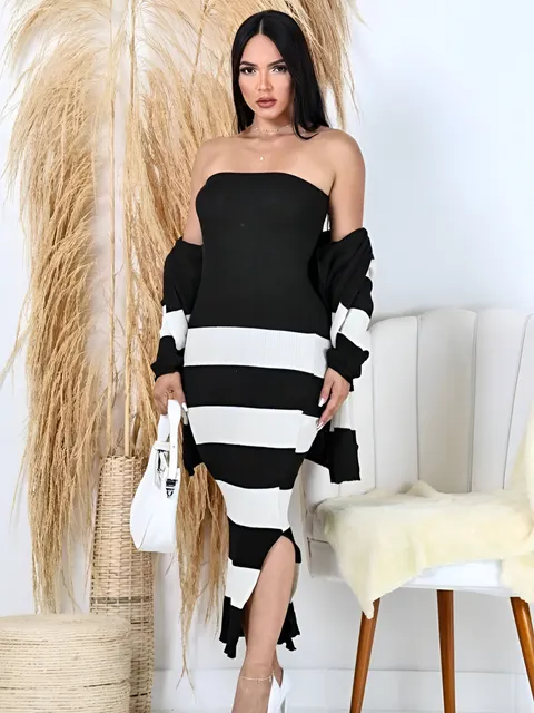 Vestido  Longo Justo Sem Alças com Cardigan Manga Longa