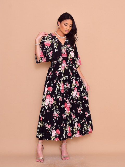 Vestido midi plissado estampada crepinho manga curto 4028