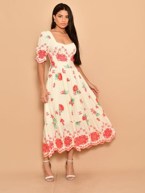Vestido midi Luxo lese bordado algodão manga curta9208