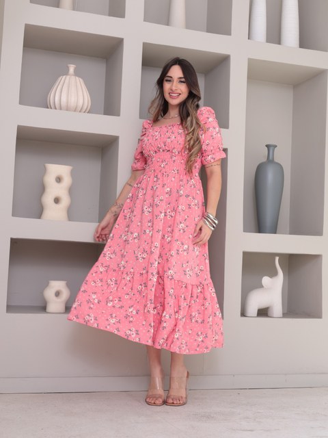 Vestido midi elegante estampado crepinho manga curta 4163