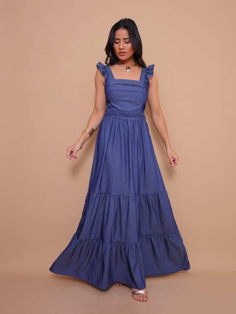 Vestido longo luxo chambray imitação jeans com babado 11293