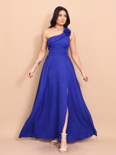 Vestido longo Luxo liso duna linho com fenda um ombro3145