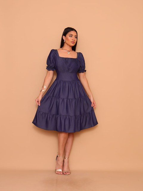 Vestido midi luxo chambray Imitação jeans manga curto 1101
