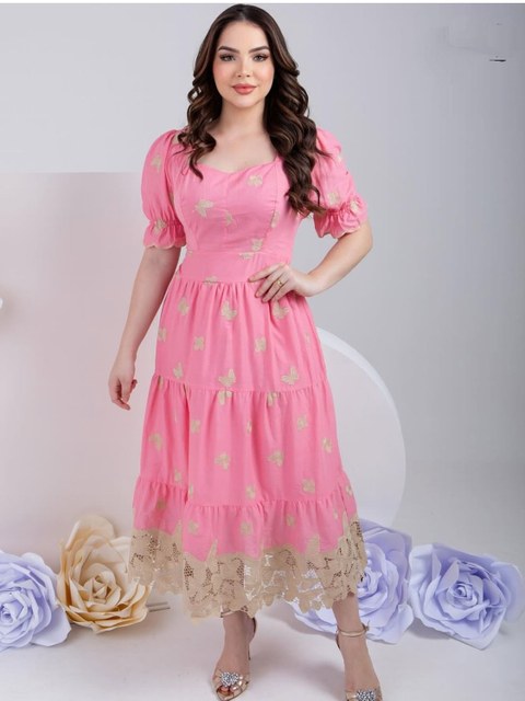 Vestido midi lese bordada algodão manga curto 0178